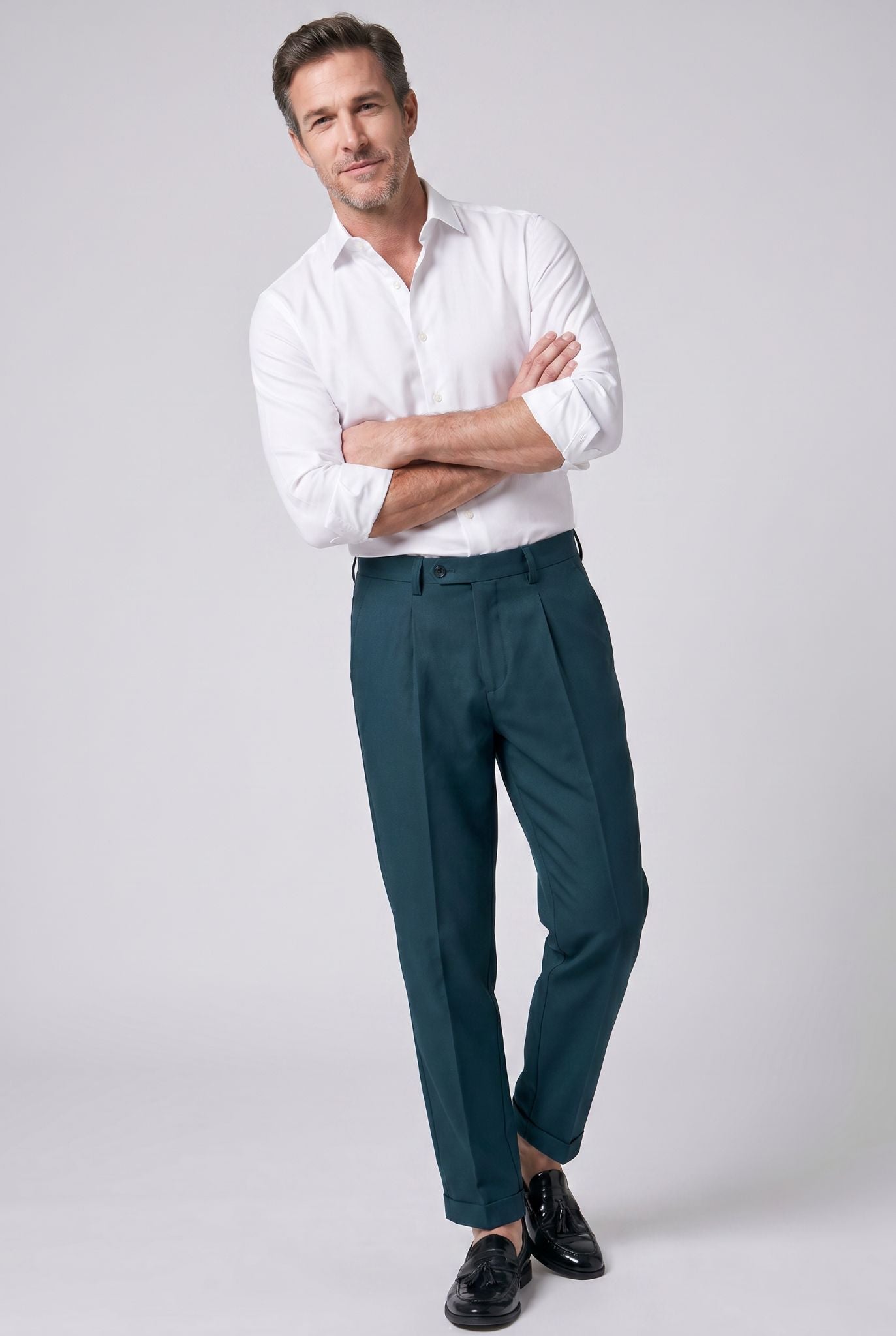 Calça Alfaiataria Masculina em Poliviscose Acetinada Verde Musgo Use Cavalieri