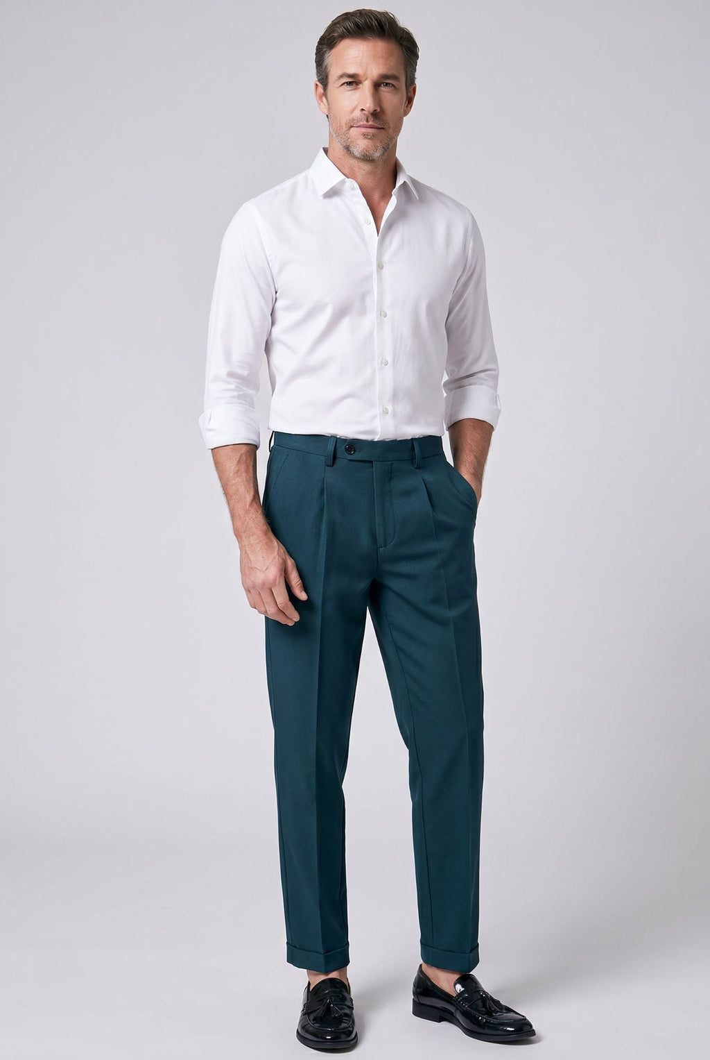 Calça Alfaiataria Masculina em Poliviscose Acetinada Verde Musgo Use Cavalieri