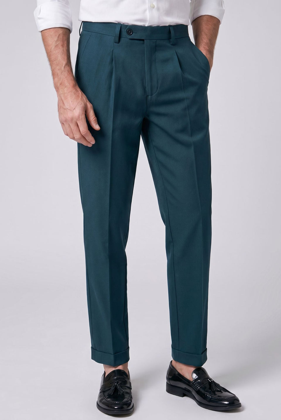 Calça Alfaiataria Masculina em Poliviscose Acetinada Verde Musgo Use Cavalieri