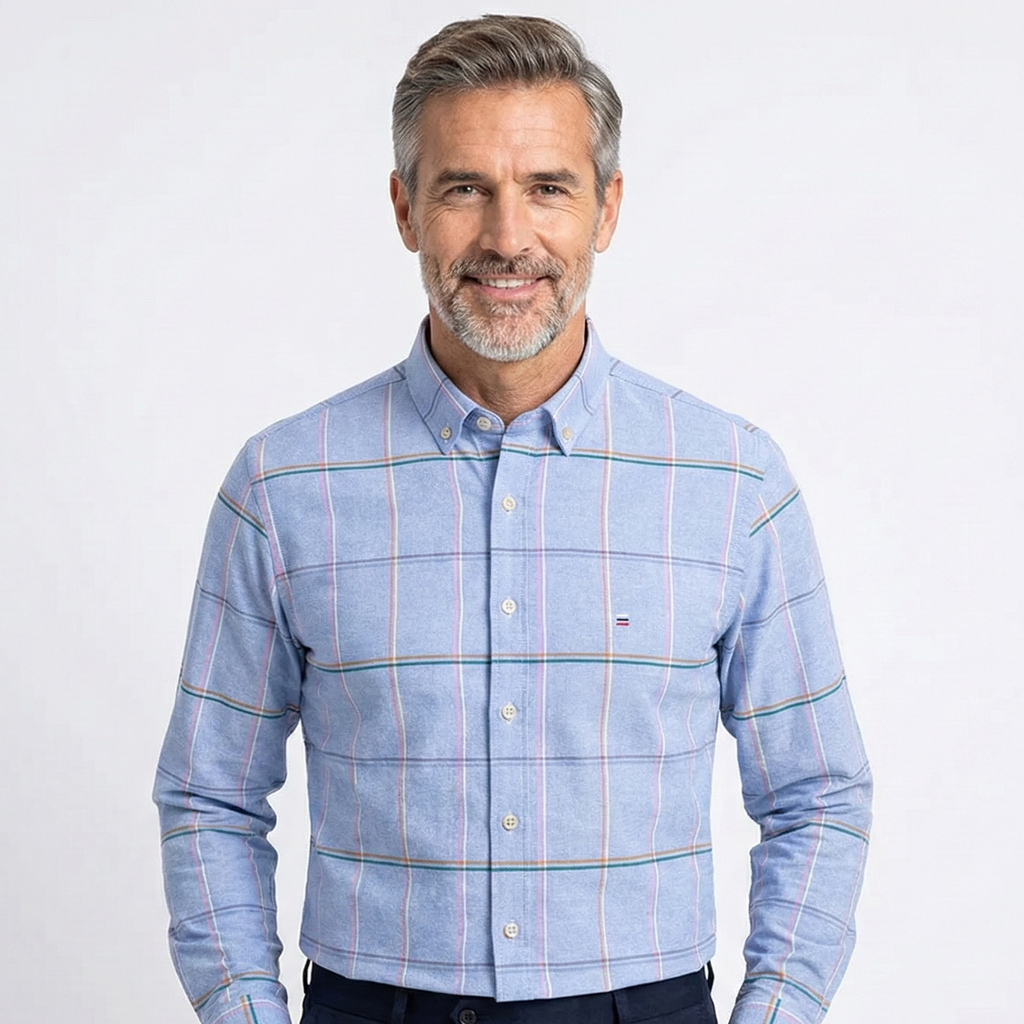 Camisa Masculina Xadrez Azul Manga Longa Use Cavalieri