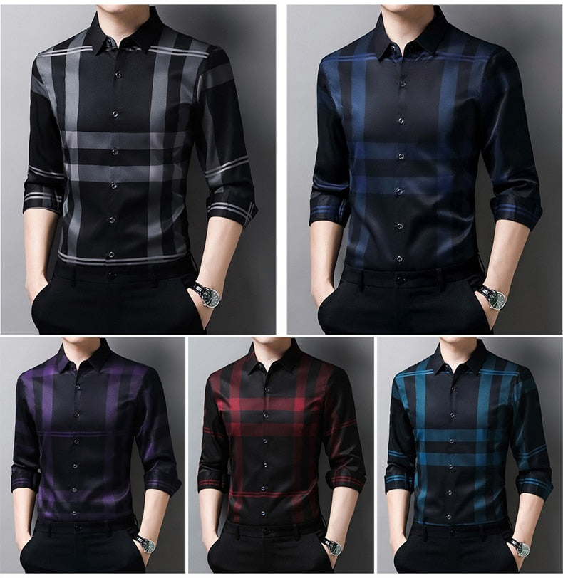 Camisa Masculina de Seda Casual Xadrez Use Cavalieri