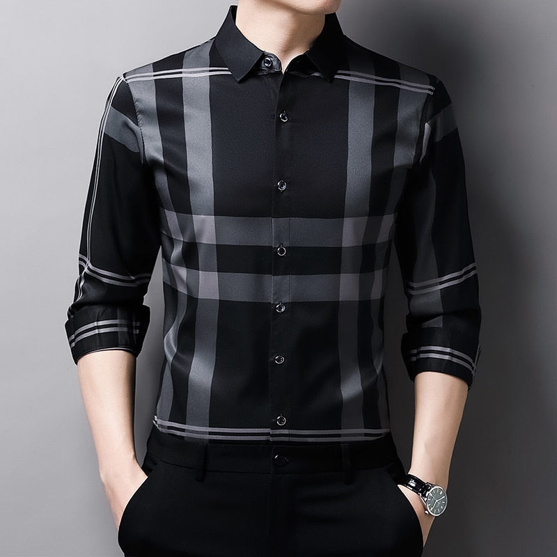 Camisa Masculina de Seda Casual Xadrez Use Cavalieri