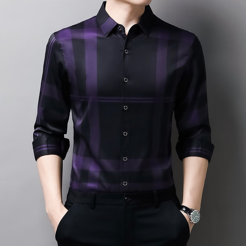 Camisa Masculina de Seda Casual Xadrez Use Cavalieri